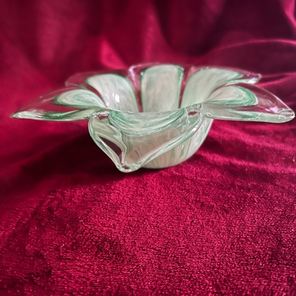 Teal Blue with clear Art Glass Flower shape Candle Holder - Picture 3 of 6